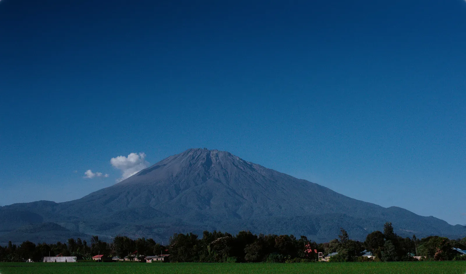 Mount Meru volcanic peak near Arusha with green farmland in the foreground