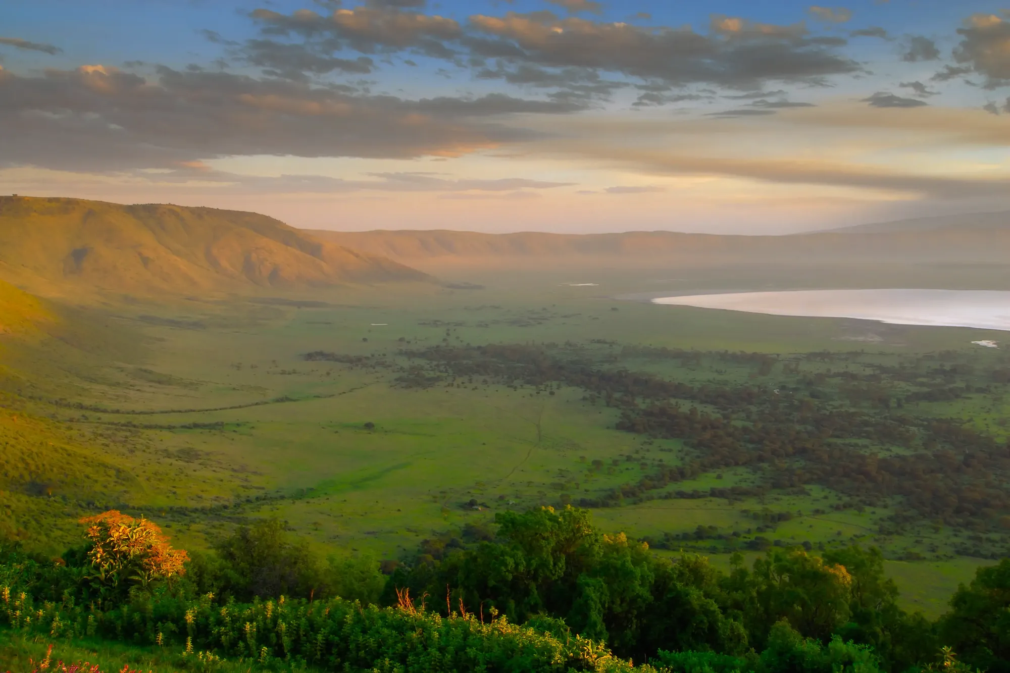Ngorongoro Crater panoramic view from the rim at golden hour